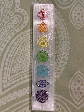 Chakra Selenite Charging Plate with Multicolor Chakra Symbols